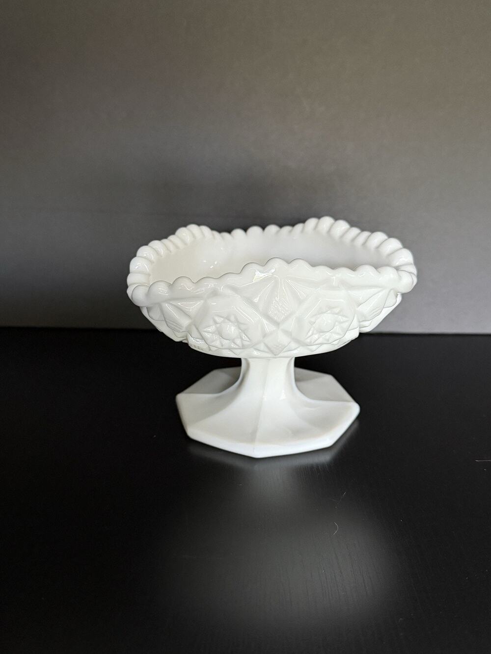 Fostoria Winburn White Milk Glass Dish 5" Tricorner Open Jam/Jelly Pedestal Vtg
